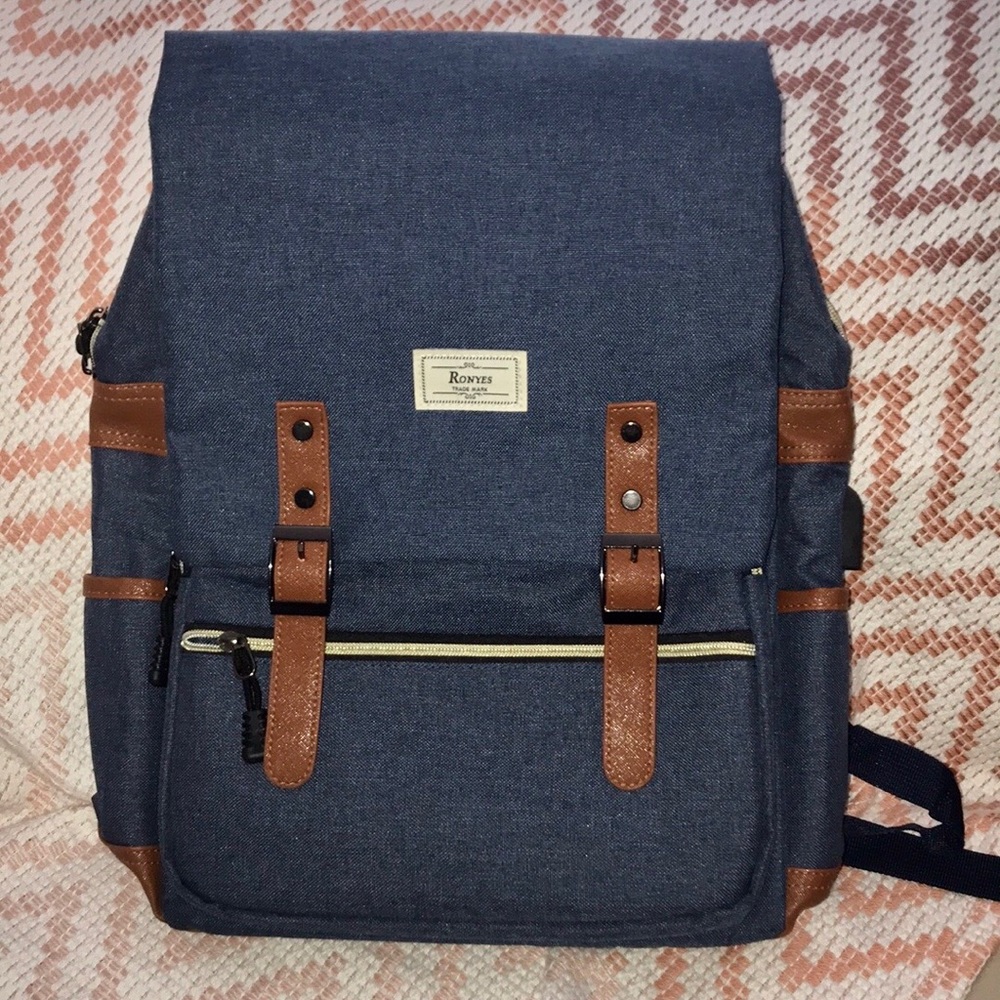 Blue Denim & Brown Leather Backpack